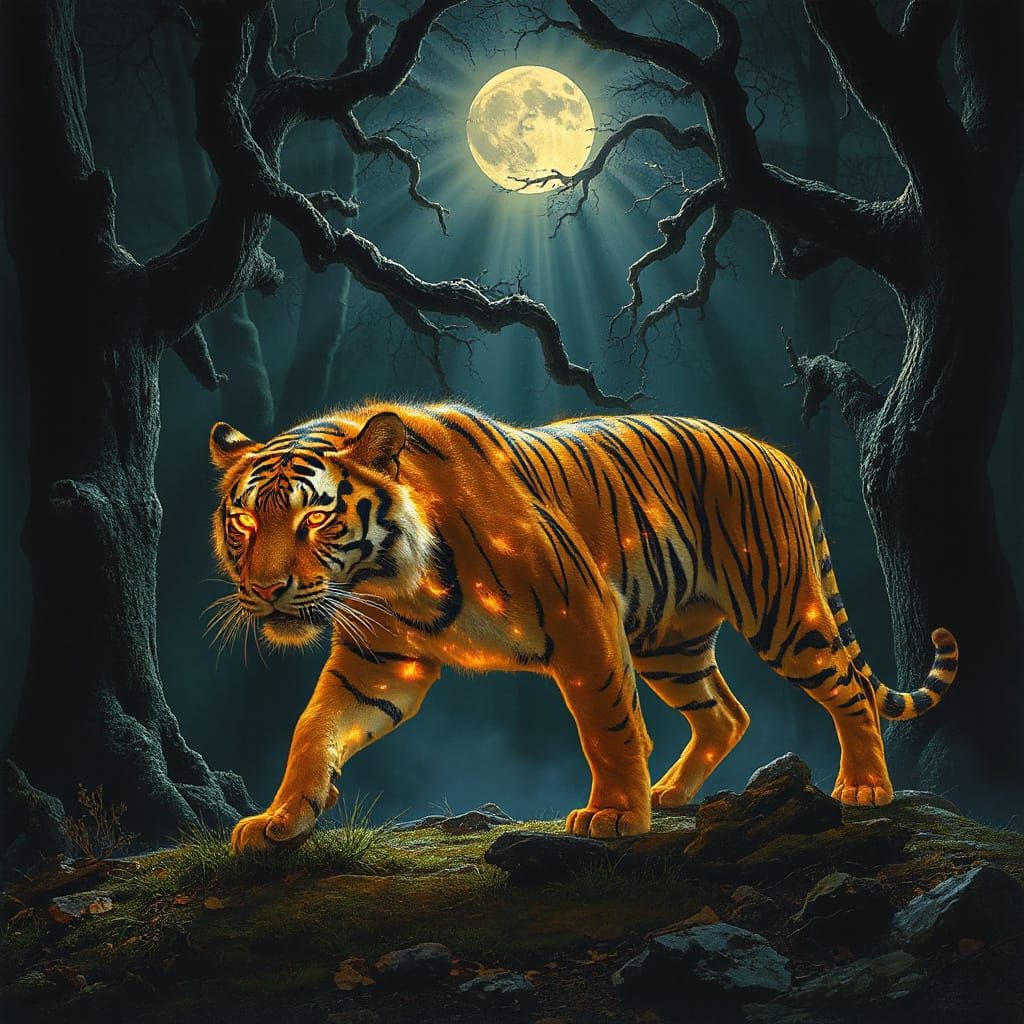 Blazing Tiger in Enchanted Forest - Romantic Oil Painting