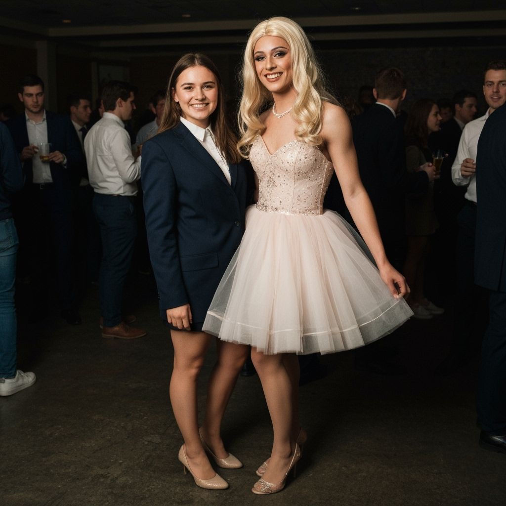 1990s Prom Scene: Crossdressing Teen Poses with Woman in Sui...