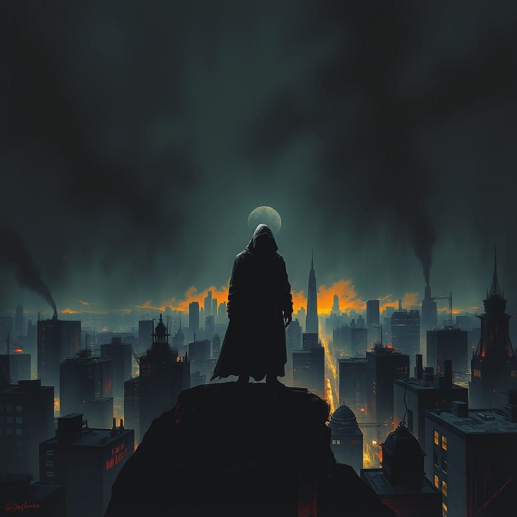 Dark Cityscape Figure in Cyberpunk Style