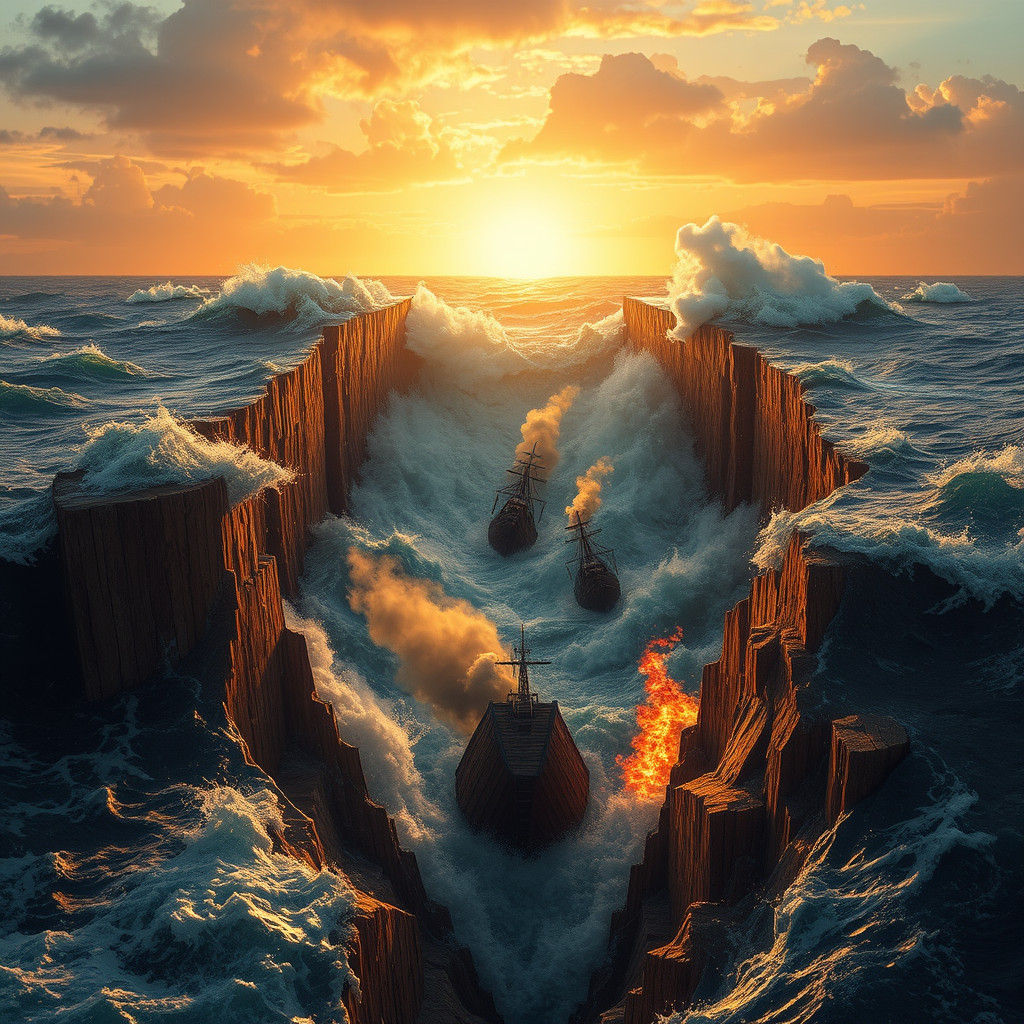 Ocean Crack at Dawn: Ships Plunging into Abyss