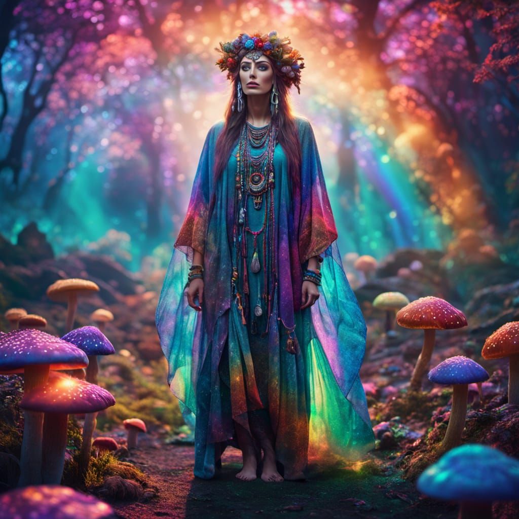 Celestial Priestess in Psychedelic Dreamscape