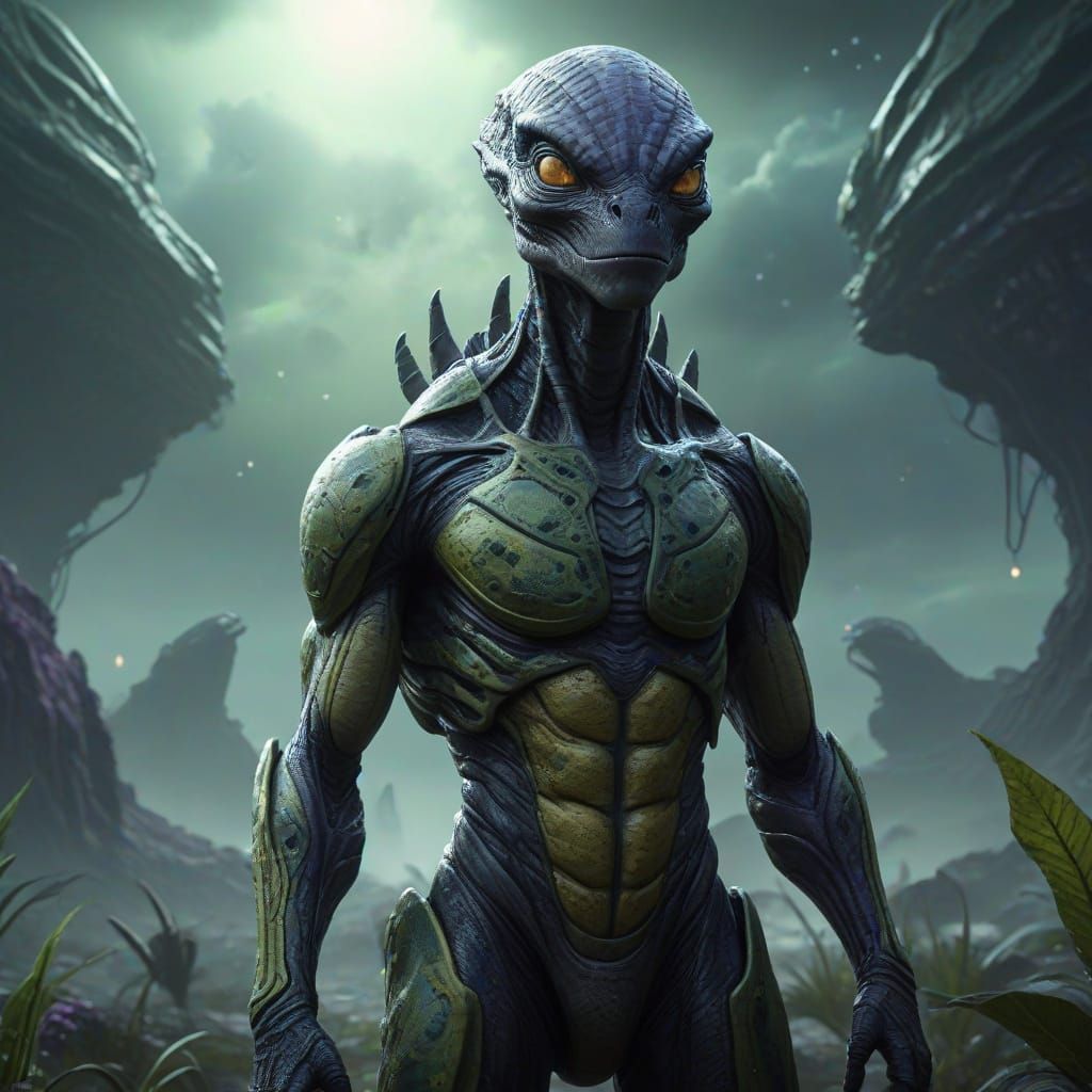 Reptilian Alien in Epic Sci-Fi Landscape