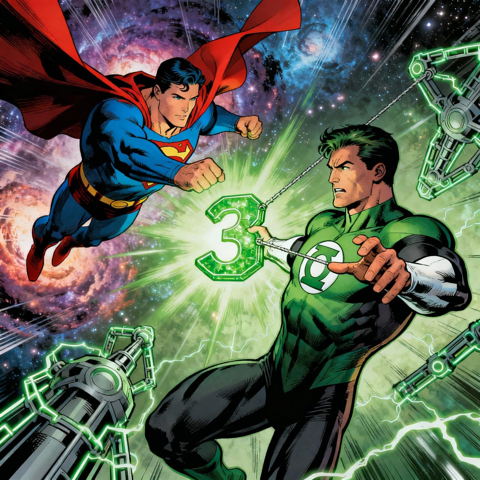 Superman and Green Lantern Clash Over a Glowing '3' in Cosmi...