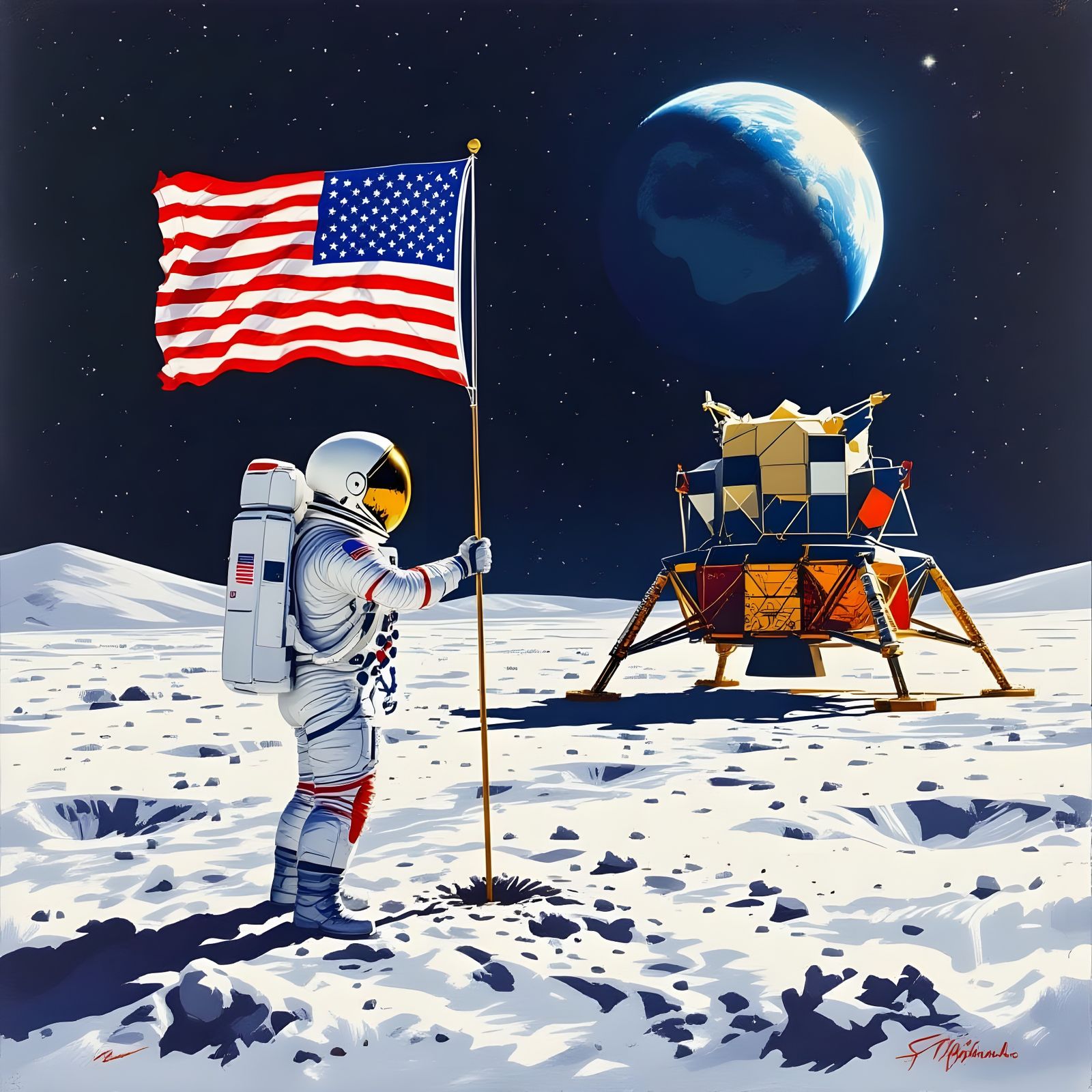 Historic Moon Landing Scene in a Futuristic Realist Style