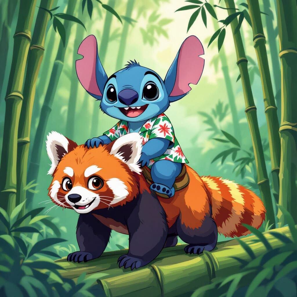 Stitch and Red Panda in Bamboo Forest, Cartoon Style