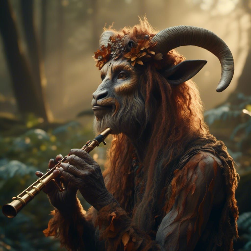 Joyful Faun Playing Syrinx Flute in Super Hyperrealism