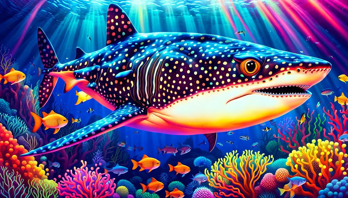 Psychedelic Neon Whale Shark Over Coral Reef