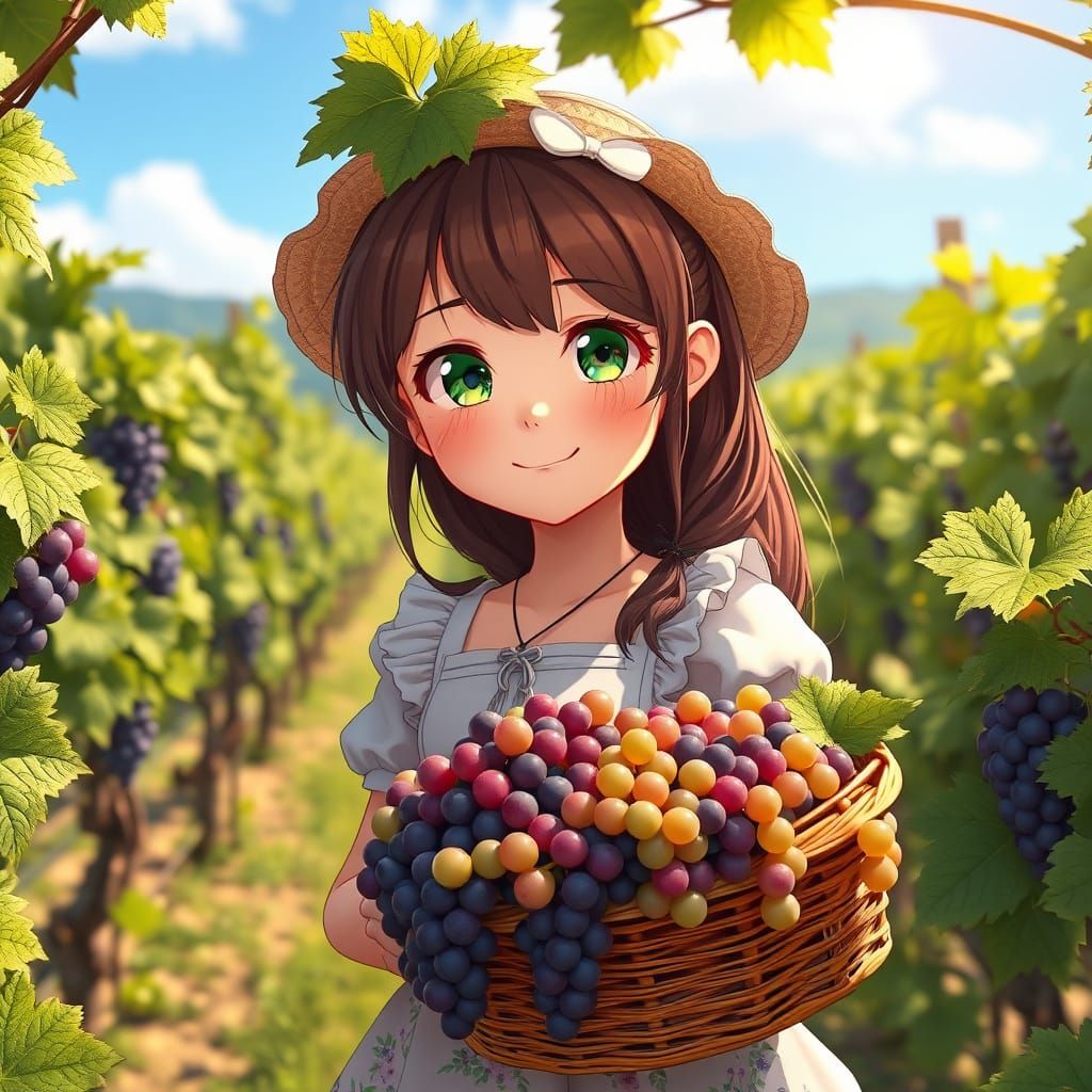 Girl Harvesting Grapes in Anime Style