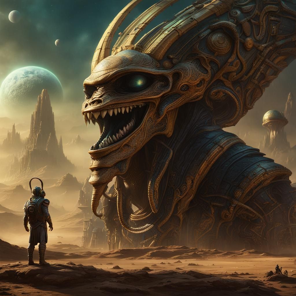 Osiris Laughing: Detailed Matte Painting of Aliens