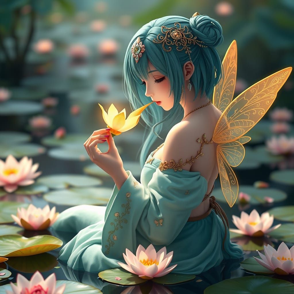 Serenely Adorned Anime Girl on a Lily Pad River