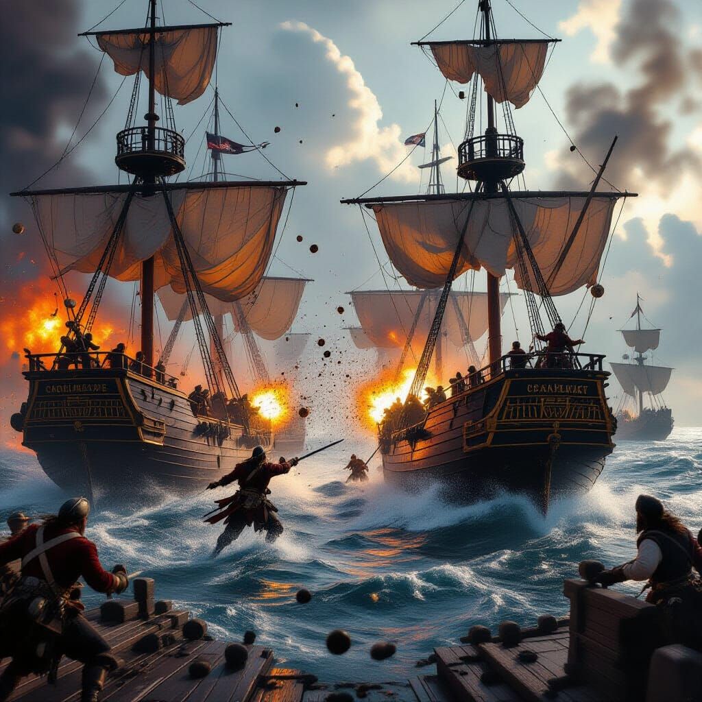 Intense Pirate Ship Battle with Explosions and Swordfighting