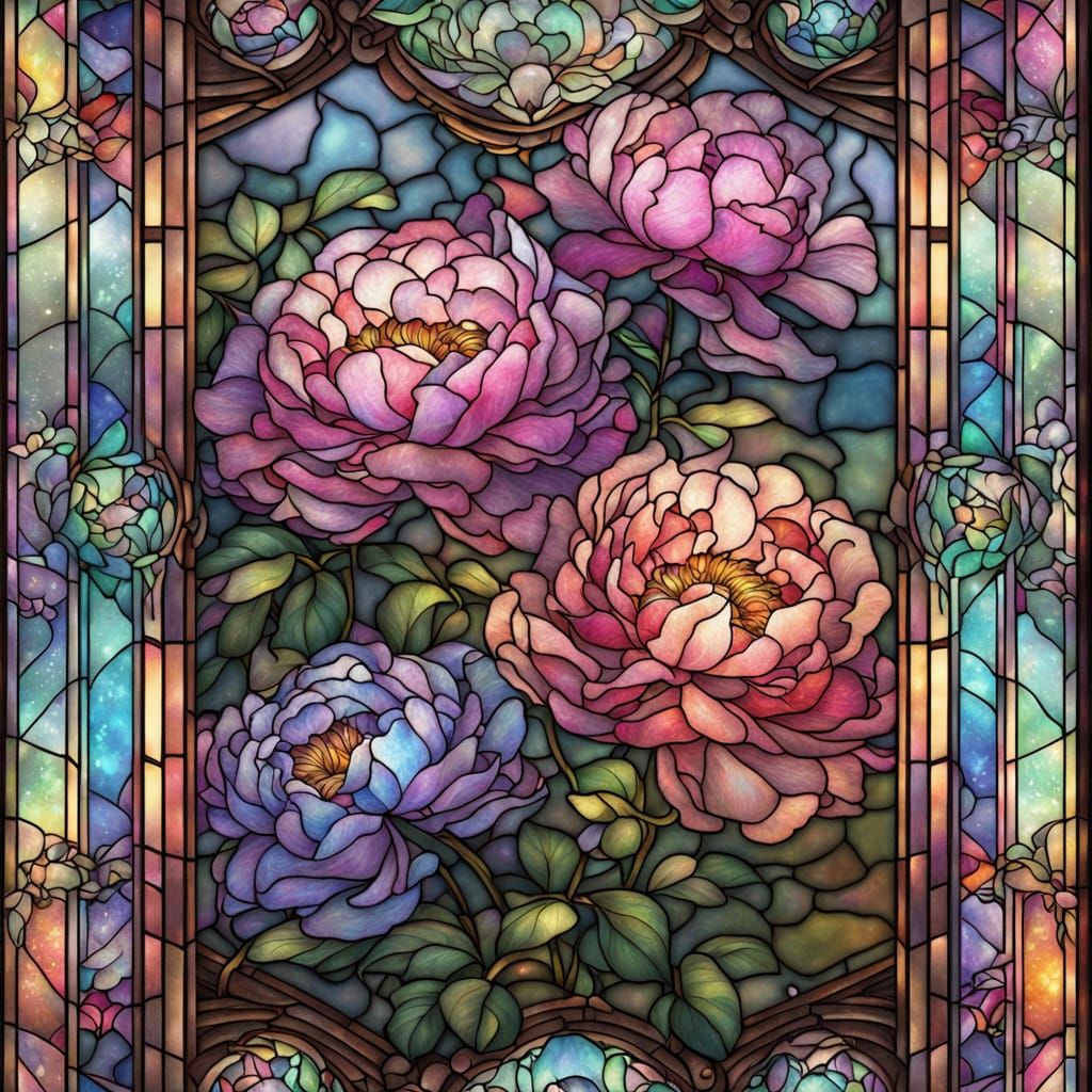 Art Nouveau Stained Glass: Iridescent Flowers in Rainbow Lig...