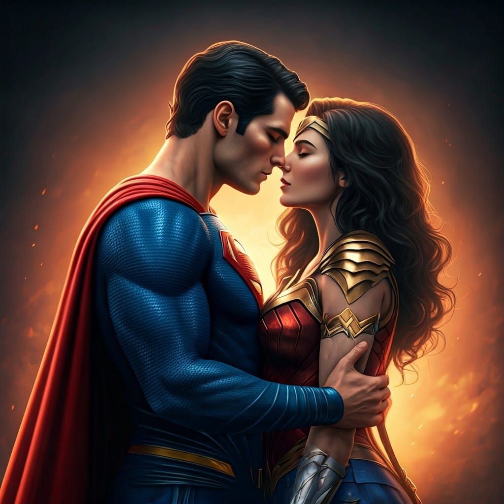 Superman and Wonder Woman Kiss in Hyperrealistic Style