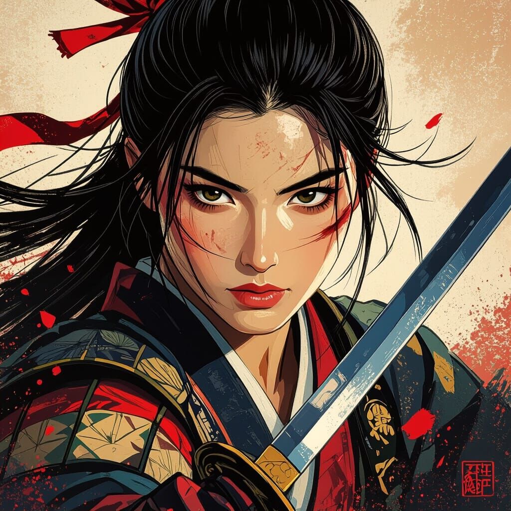 Female Samurai in Battle, Ukiyo-e Style Portrait