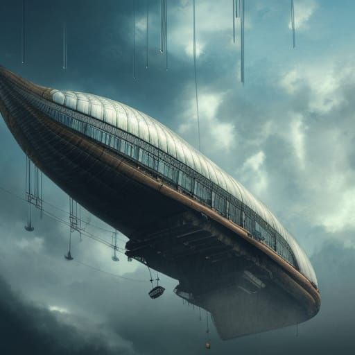 Steampunk Airship Soaring Through Cityscape Concept Art