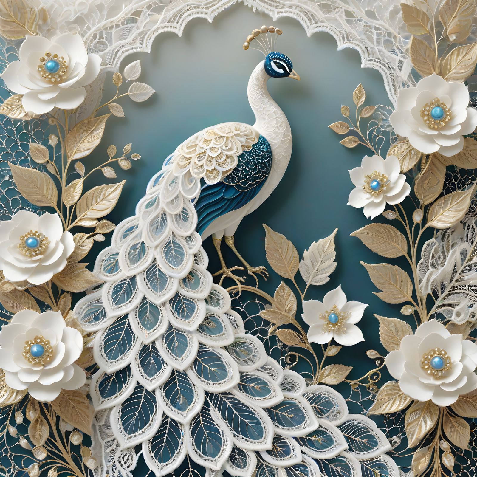 Lace Peacock in Enchanting White and Gold Composition