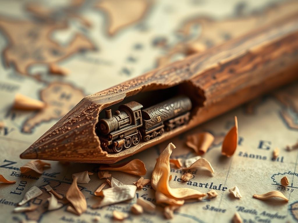 Miniature Steam Train Inside Pencil on World Map