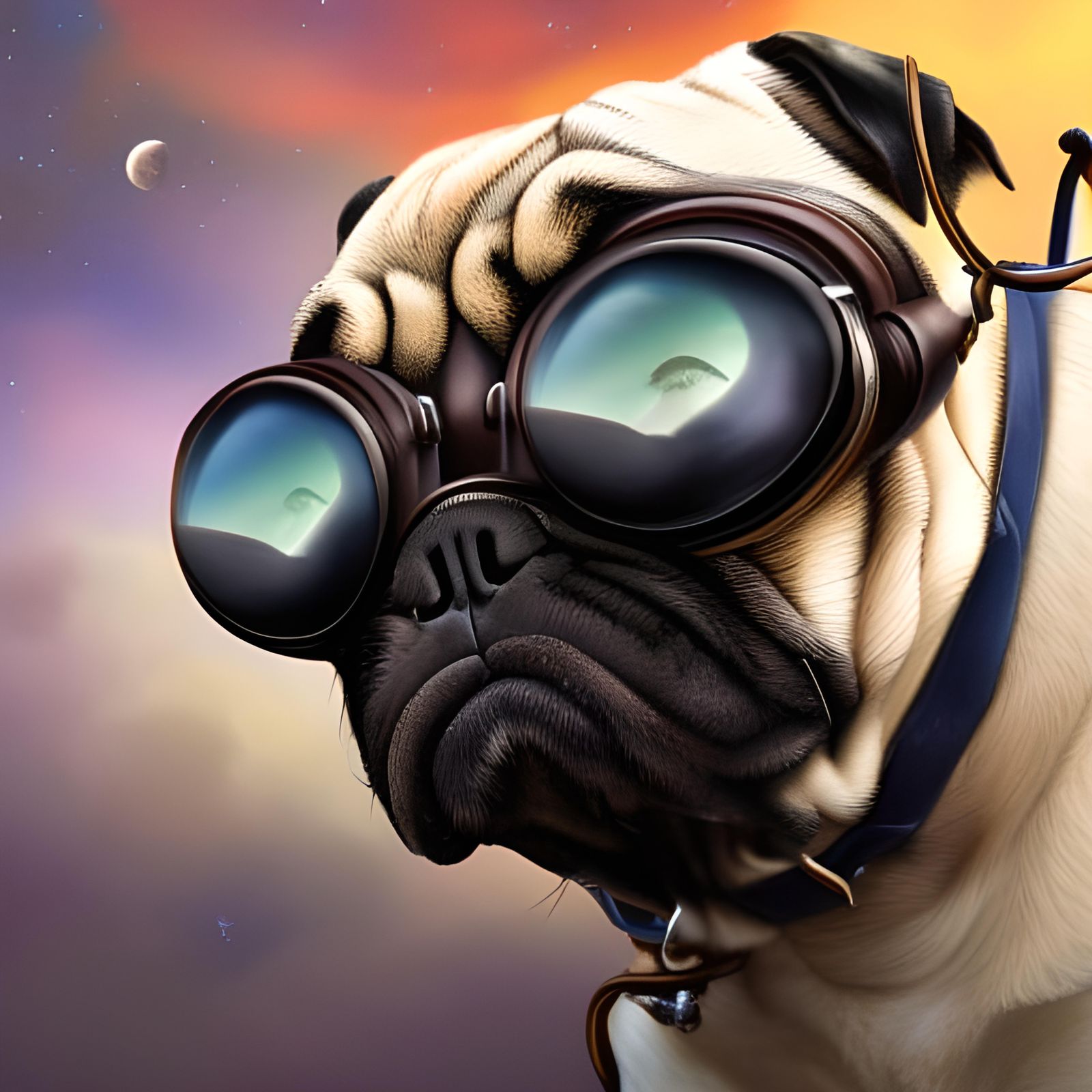 Pug Flies Through Space in Steampunk Goggles