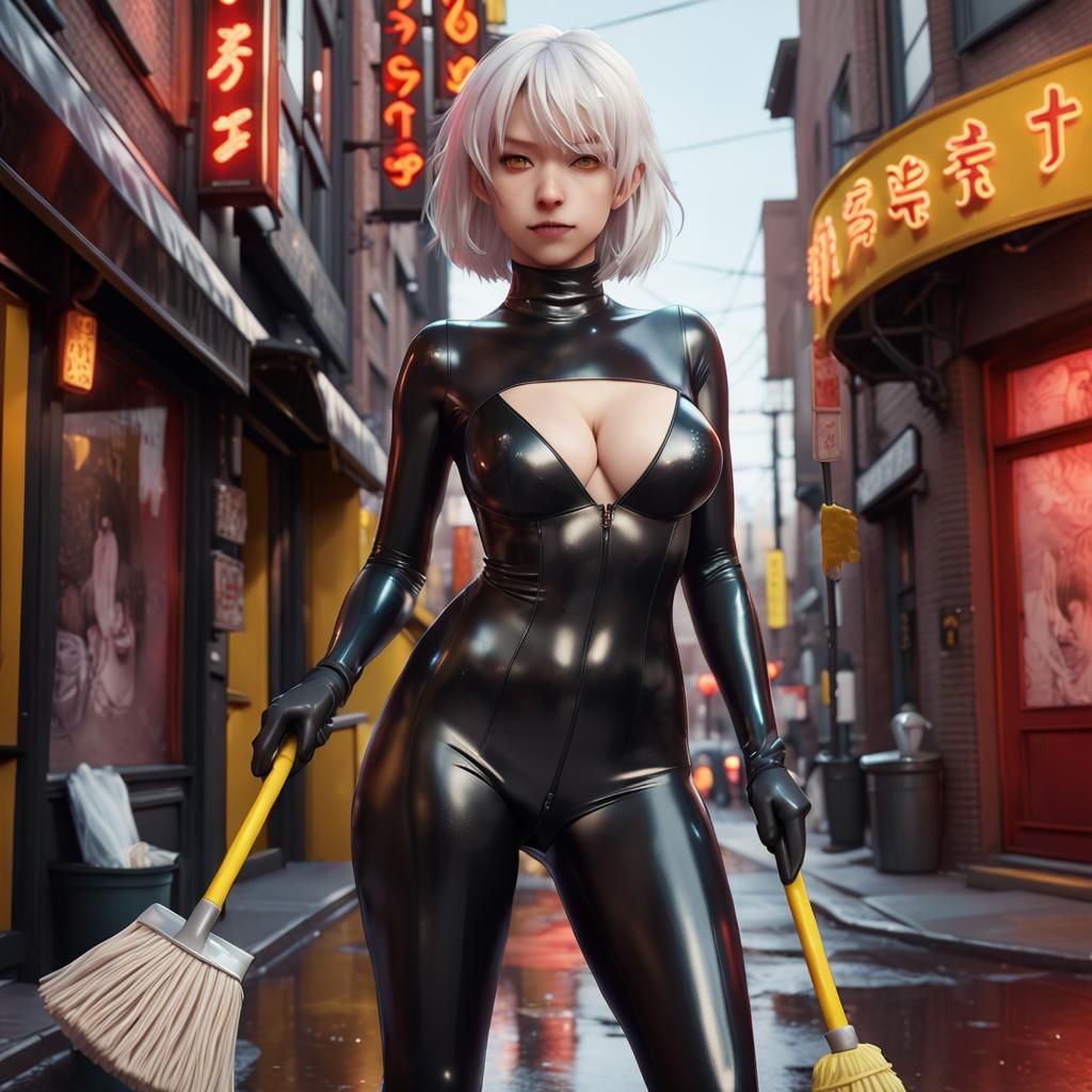 Woman in Latex Catsuit at Red Light District in Anime Style