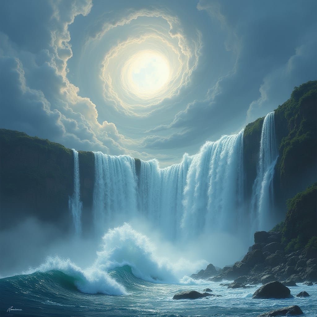 Ethereal Waterfall Cascades into Ocean: Hyperrealistic Fanta...