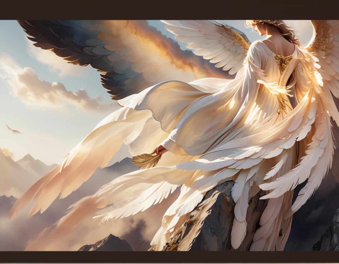 Angel on Mountain Peak in Watercolor Style