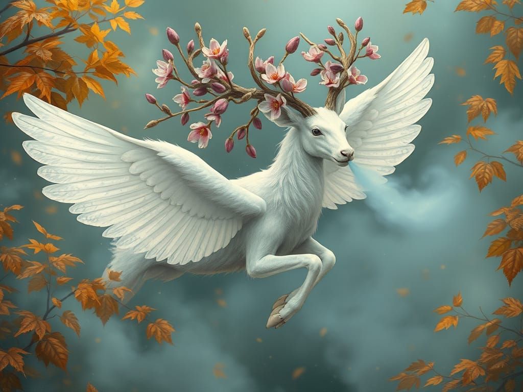 Winged Albino Deer with Blossoms in Autumn Mist
