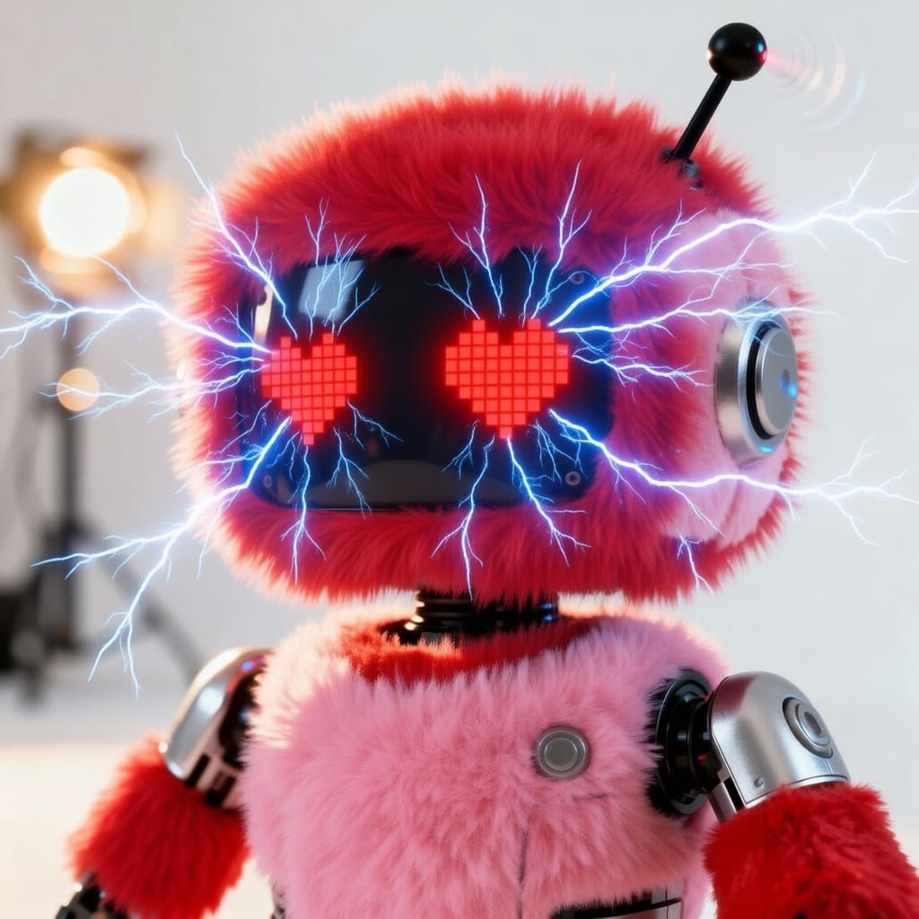Adorable Electronic Plushie Robot with Pixel Heart Eyes