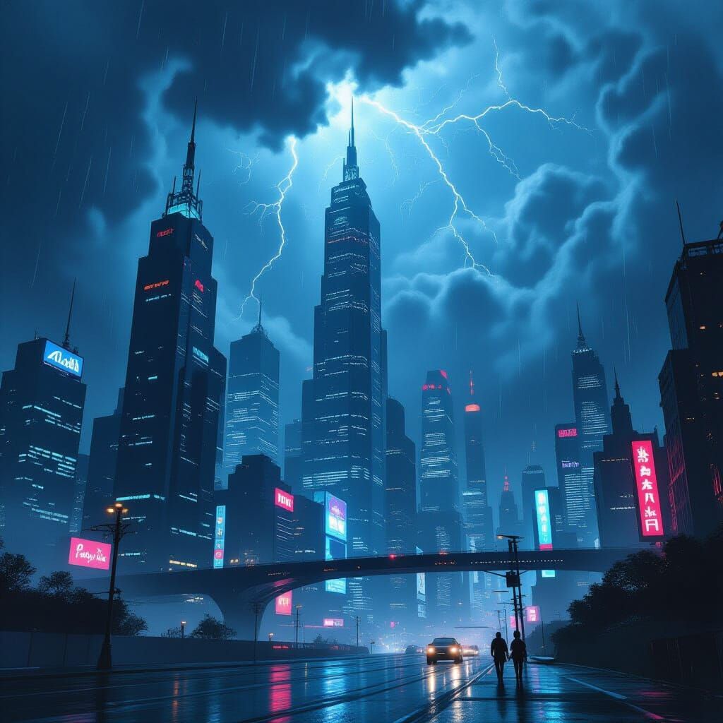 Dystopian Cityscape Battered by Storm