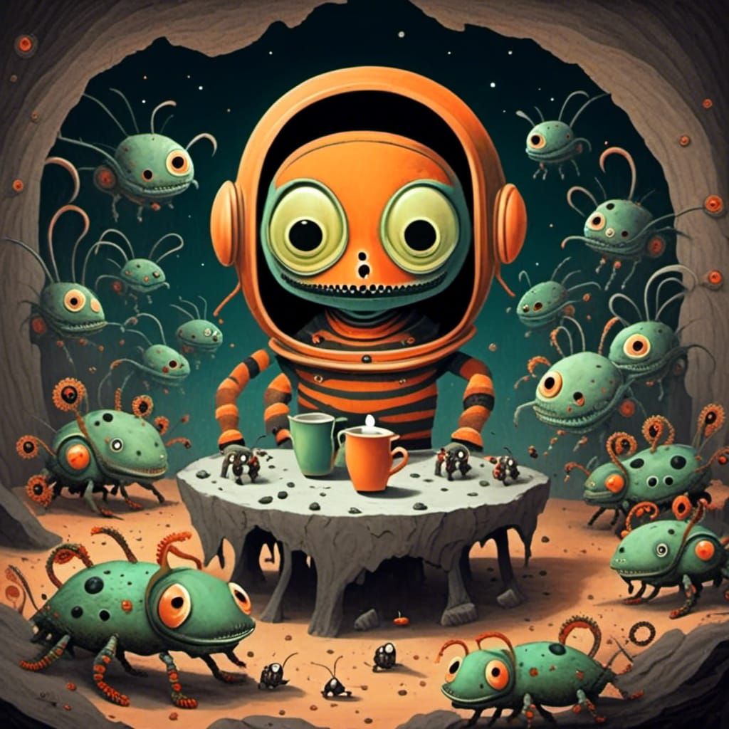 Astronaut's Tea Party with Alien Bugs in Cave