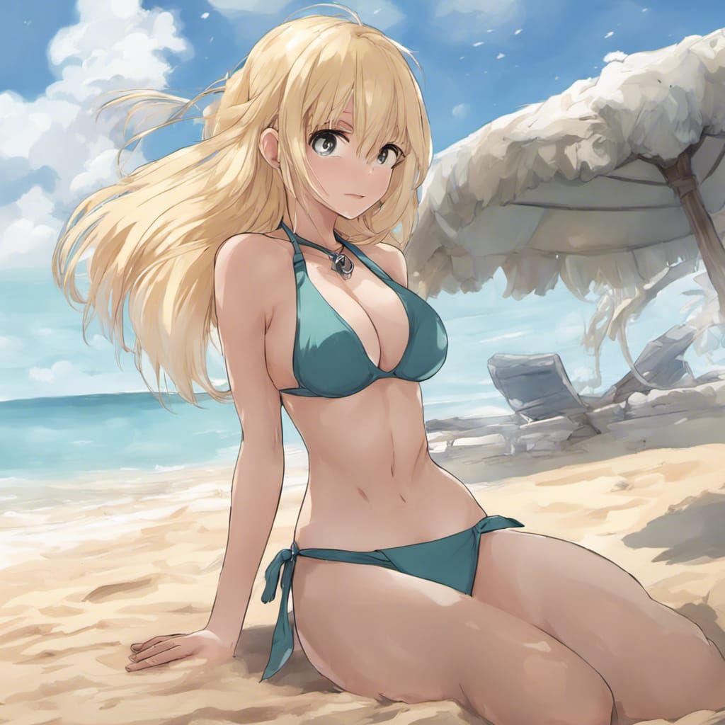 Blonde Woman on Beach in Anime Style