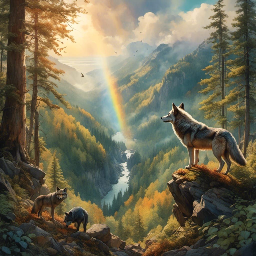Wolf Overlooking Ocean in Hyperrealistic Landscape