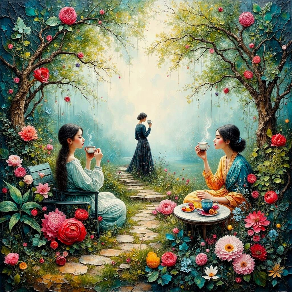 Volumetric Landscape with Tea Drinkers as Oil Painting