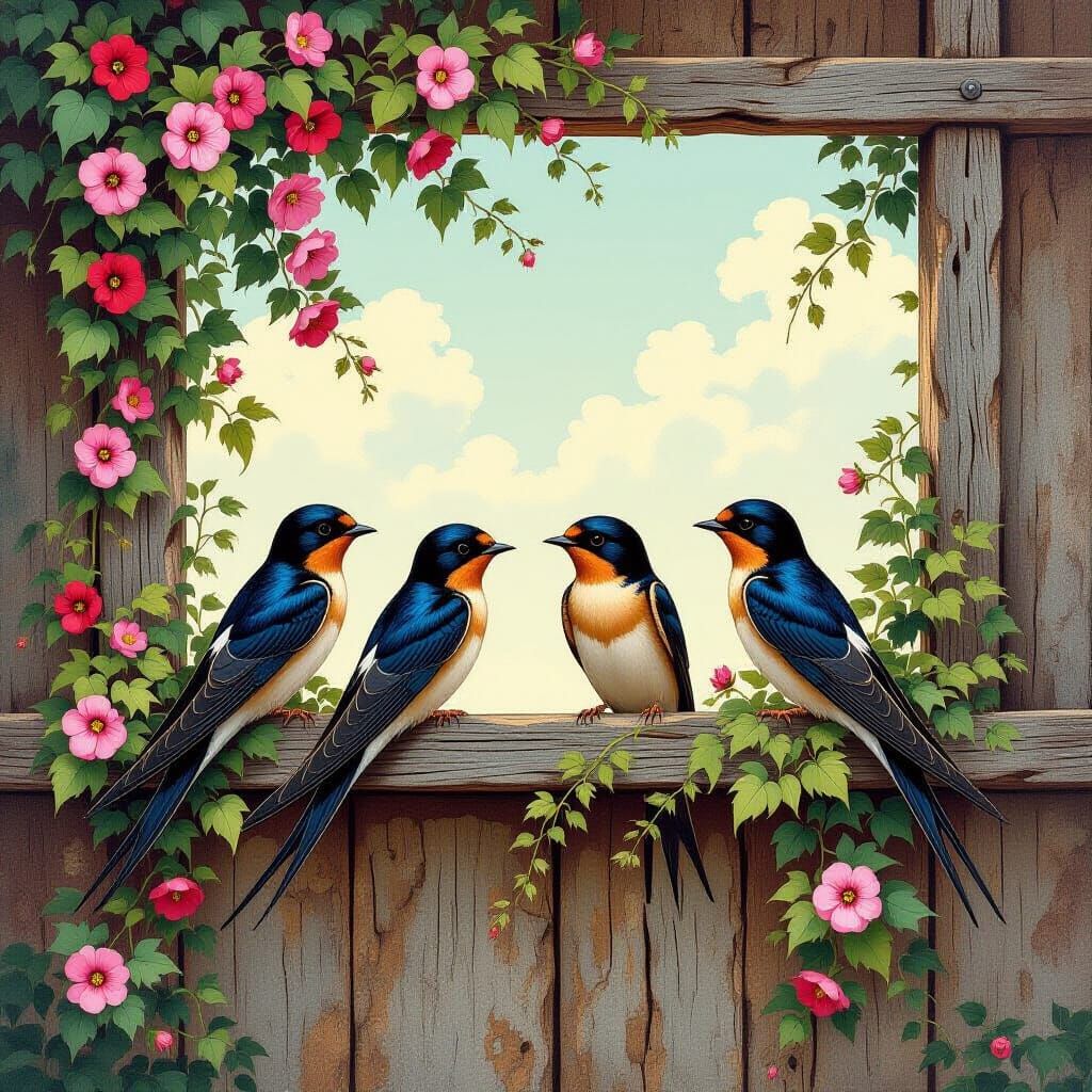 Swallows and Flowers in Persian Miniature Style