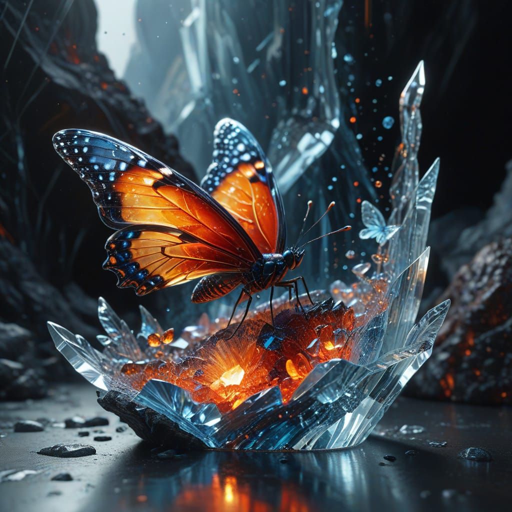 Surreal Butterfly of Ice and Lava in Glass Landscape