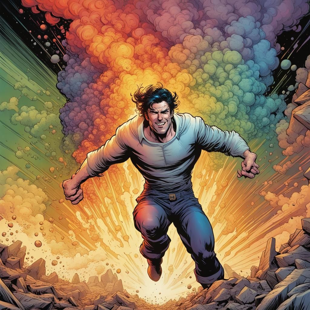 Aged Hero in Rainbow Explosion: Comic Book Art