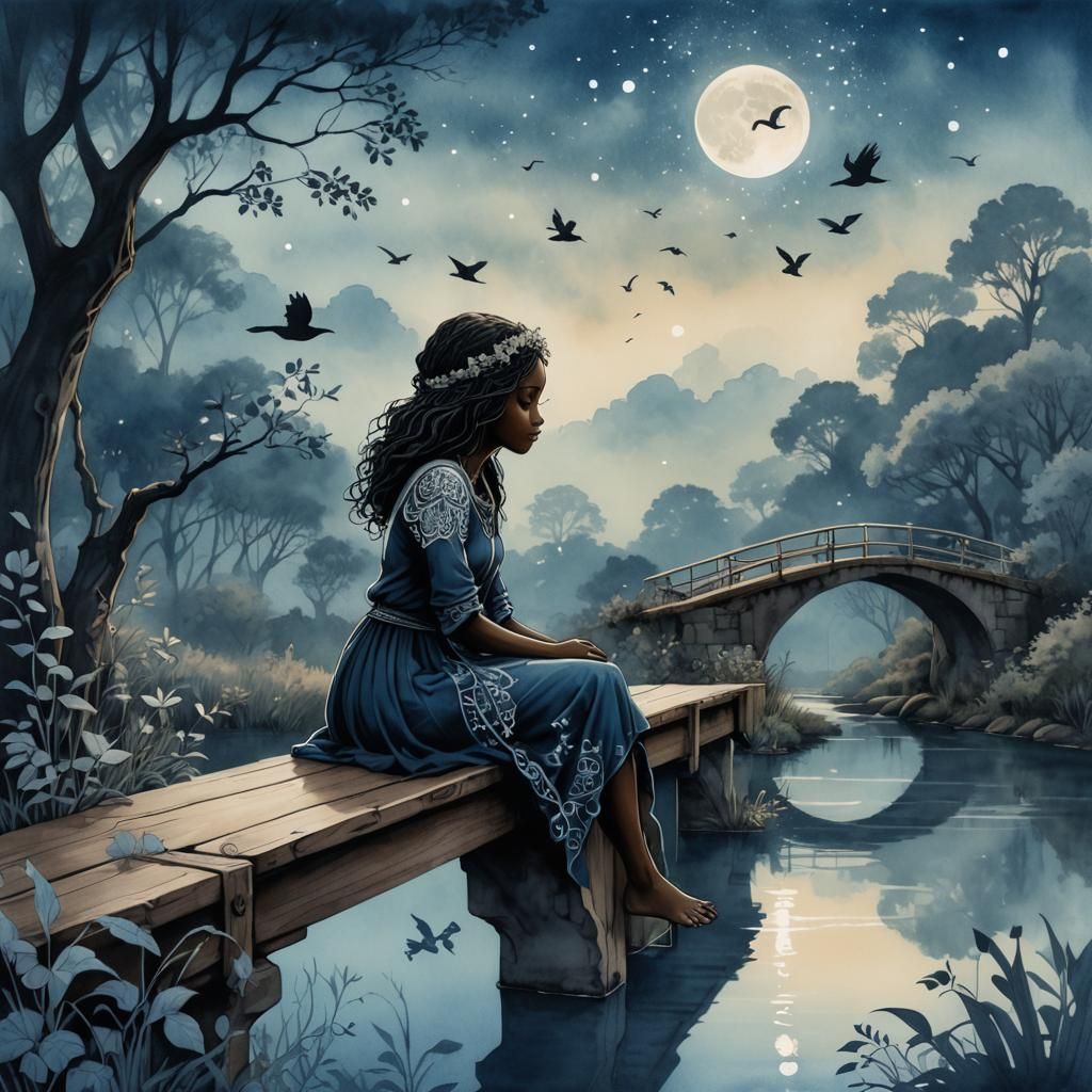 Girl Watching Birds in Ethereal Cyanotype Landscape