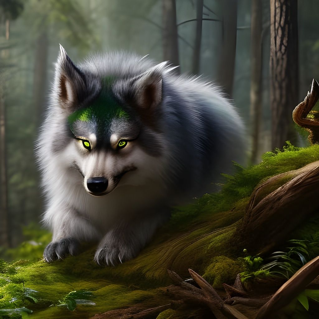 Sapphire Wolf-Dragon in Detailed Forest Art