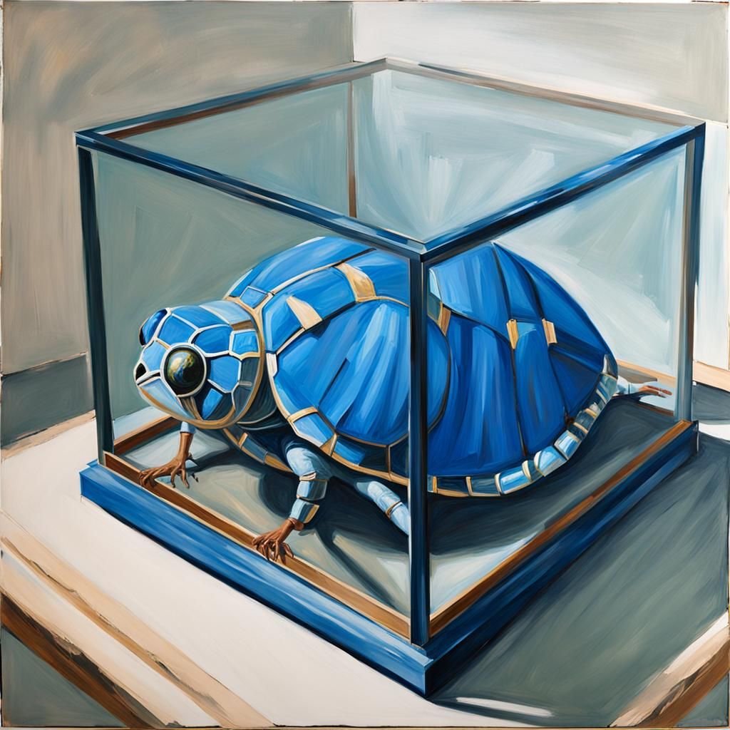 Blue Jiisaføappulixë in Glass Box: Oil Painting