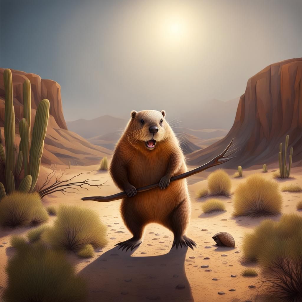 Beaver Wandering in Surreal Desert Landscape