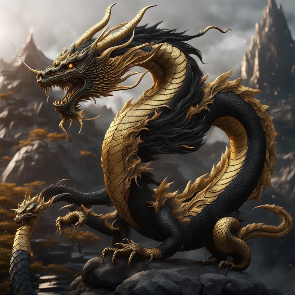 Detailed Black and Gold Japanese Dragon