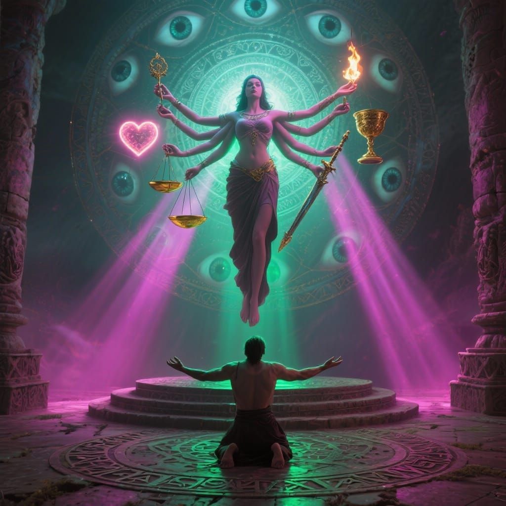 Multi-Armed Goddess Portrait with Cosmic Mandala