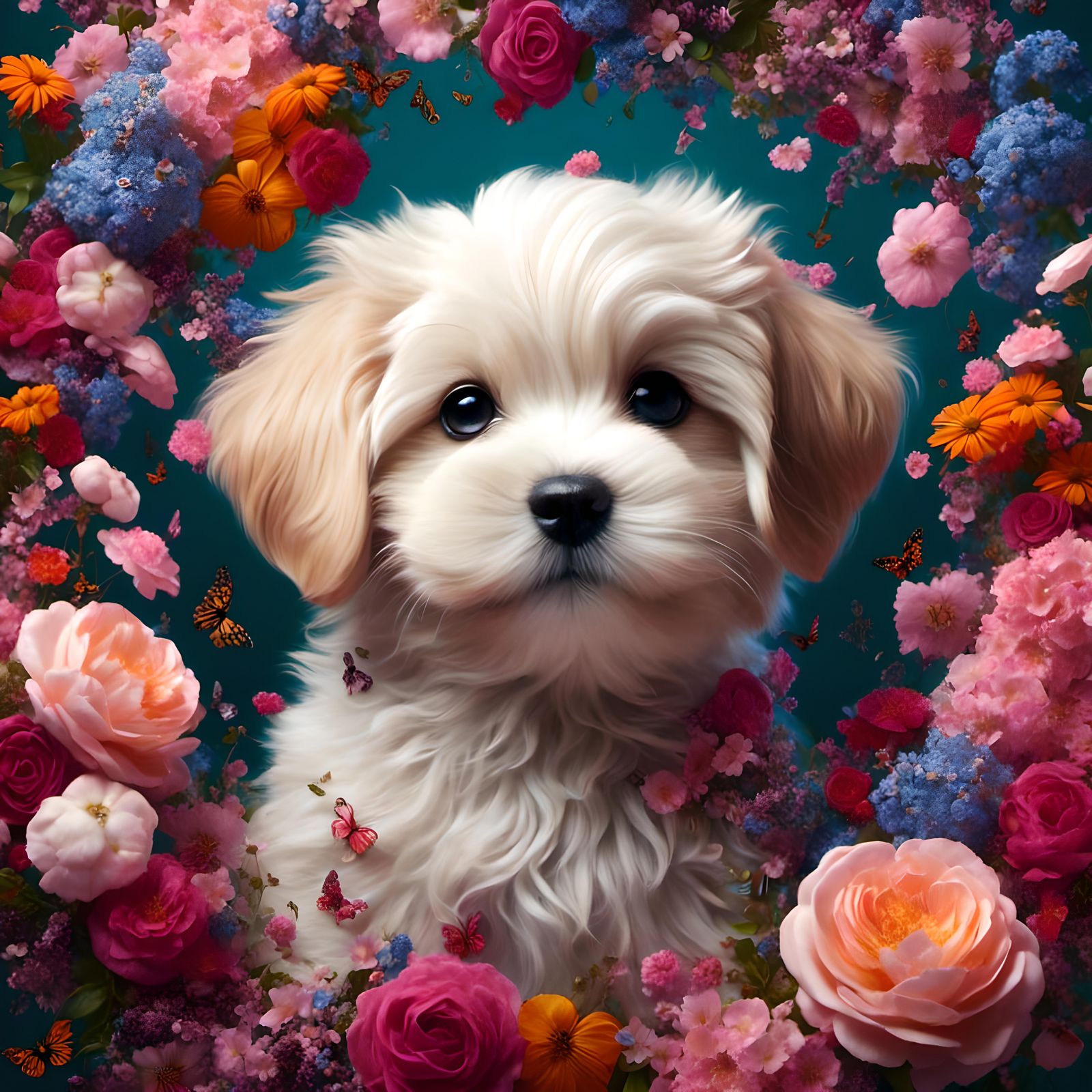 Adorable Puppy Portrait with Flowers in Digital Art Style