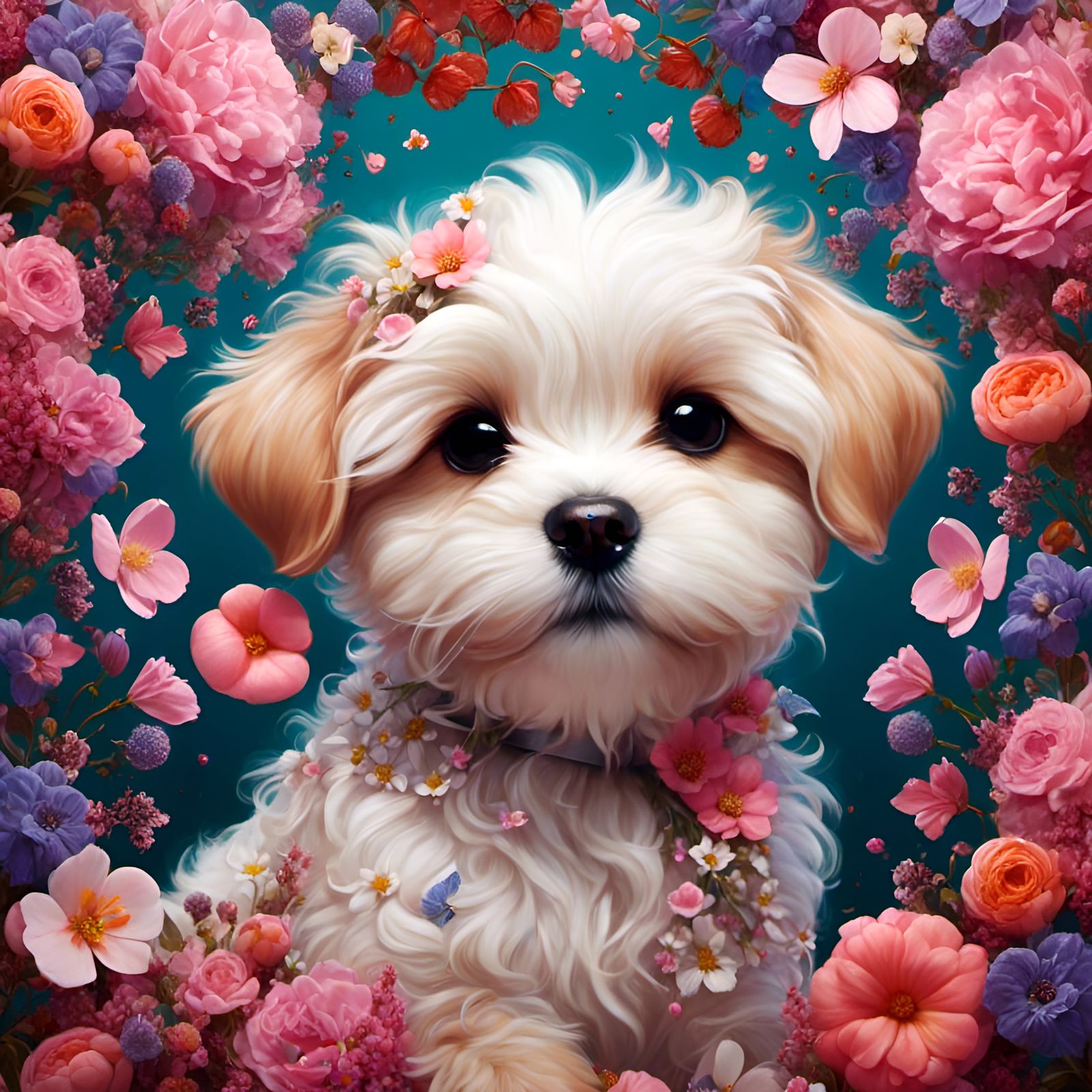 Adorable Puppy Covered in Flowers Portrait