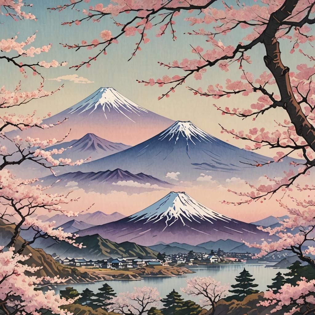 Mount Fuji and Cherry Blossoms in Ukiyo-e Style