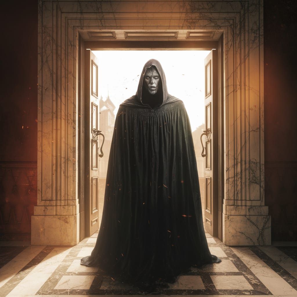 Hauntingly Vivid Ghostly Figure Stepping into Palace Chaos