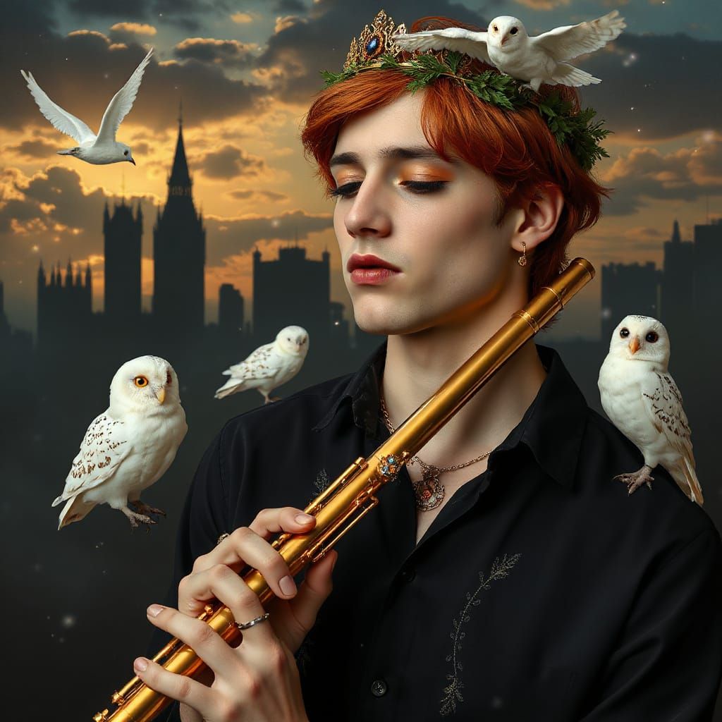 Mystical Gay Man with Red Hair and Forest Crown