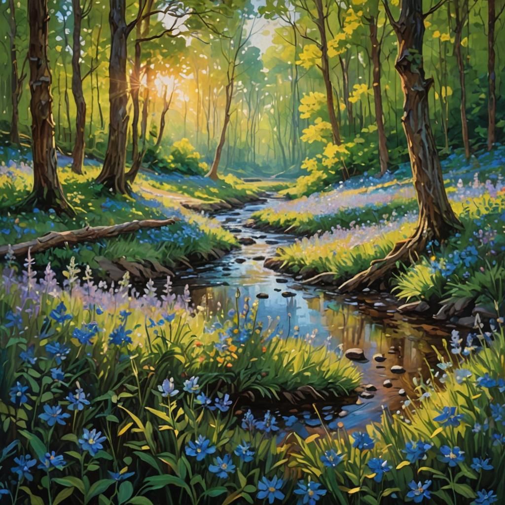 Idyllic Forest Landscape with Blue Wildflowers in Warm Light