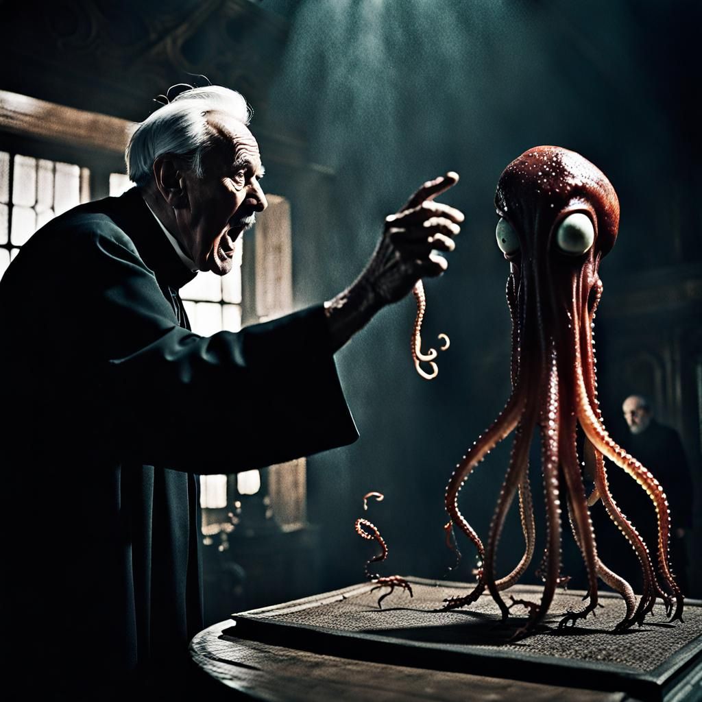Priest Confronts Evil Squid: Cinematic Film Still