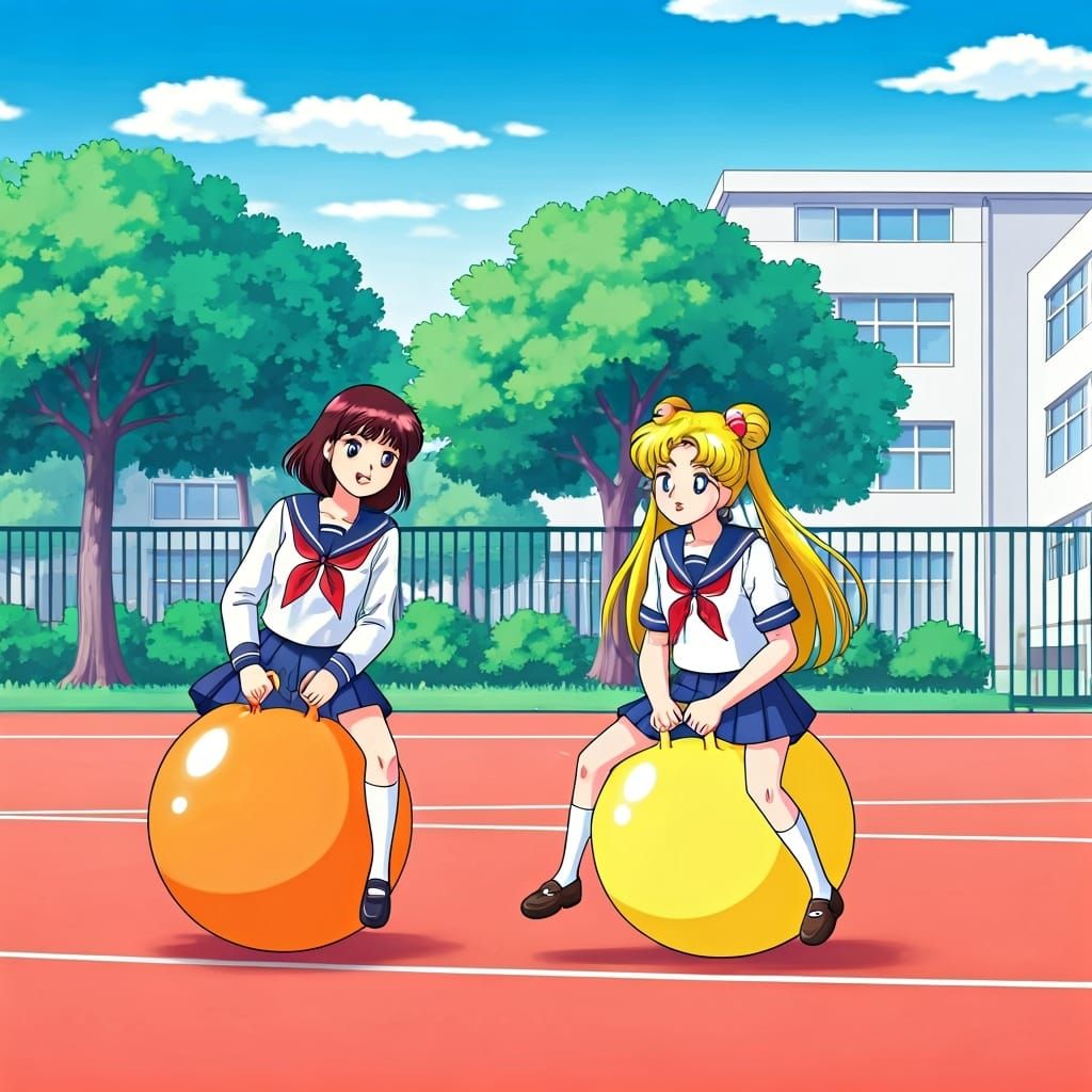 Minako and Usagi Bouncing on Hopper Balls