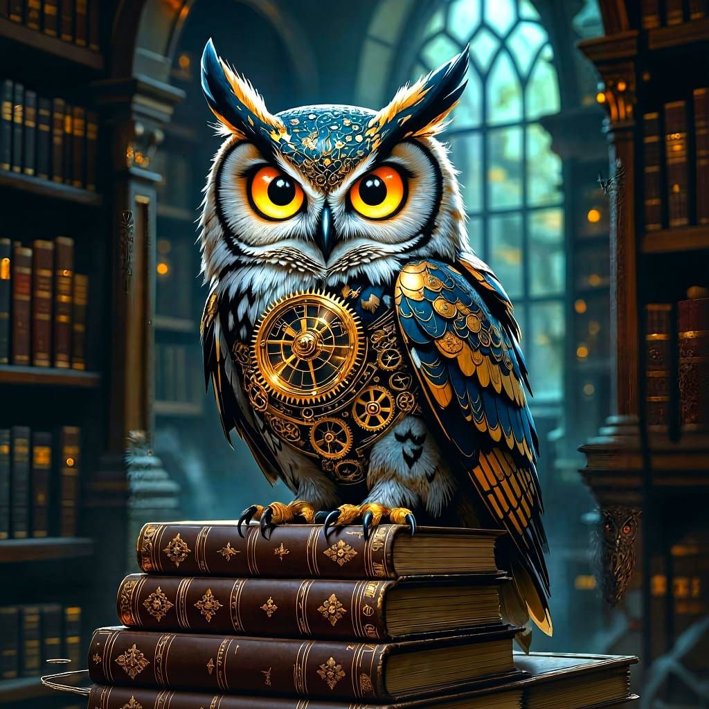 Clockwork Owl Guardian of Arcane Library Knowledge